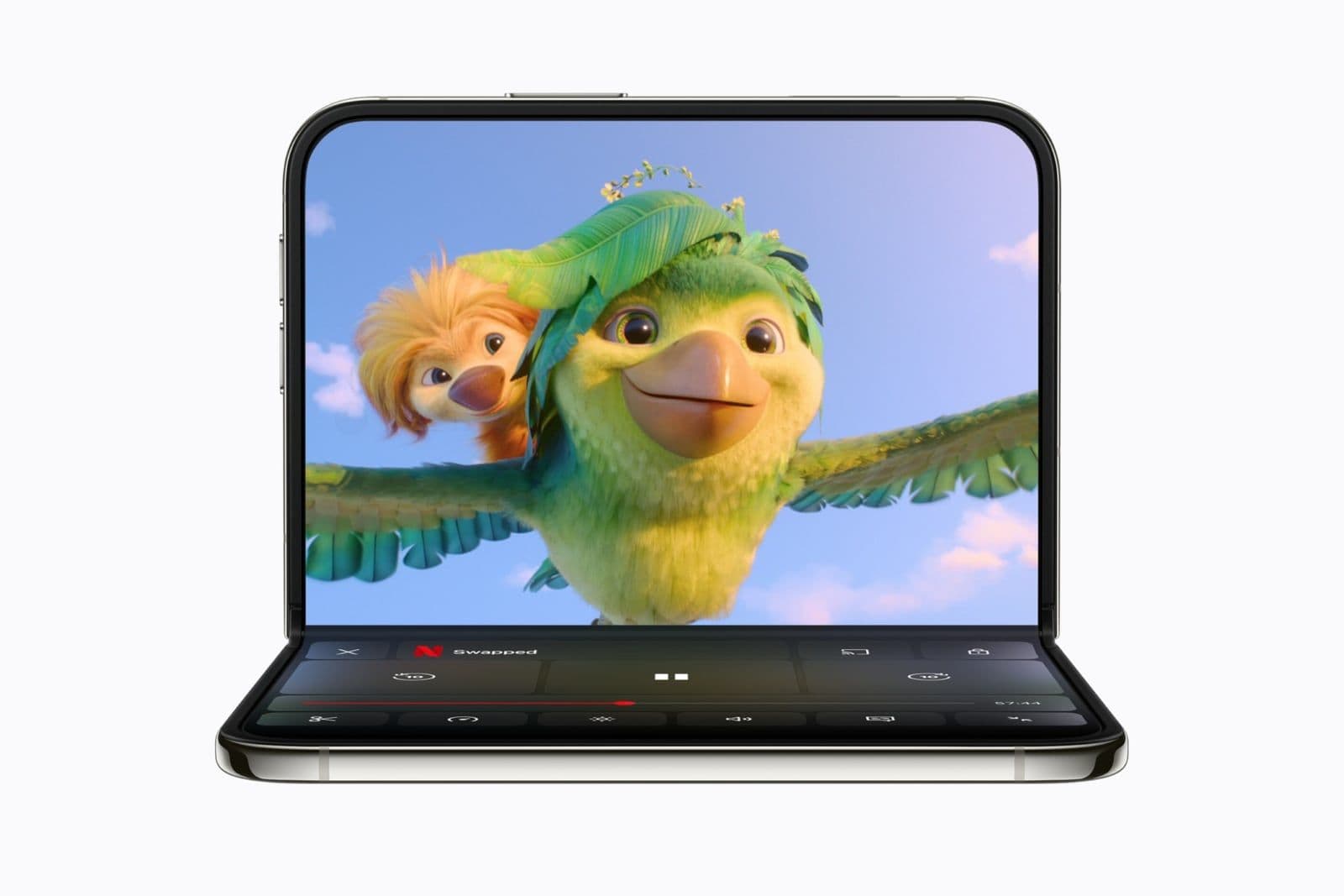 Een half opengeklapte iPhone Duo op een tafelblad waarop een animatieserie via Netflix afspeelt