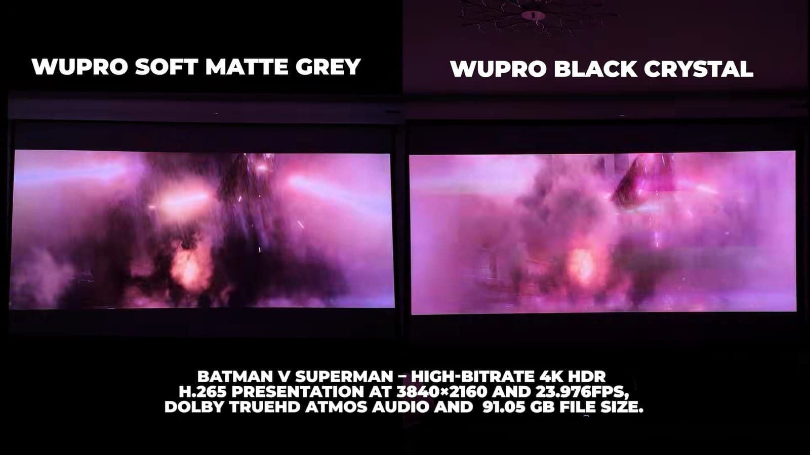 Side-by-side Batman v Superman explosion scene with smoke and fire on the Soft Matte Grey and Black Crystal screens