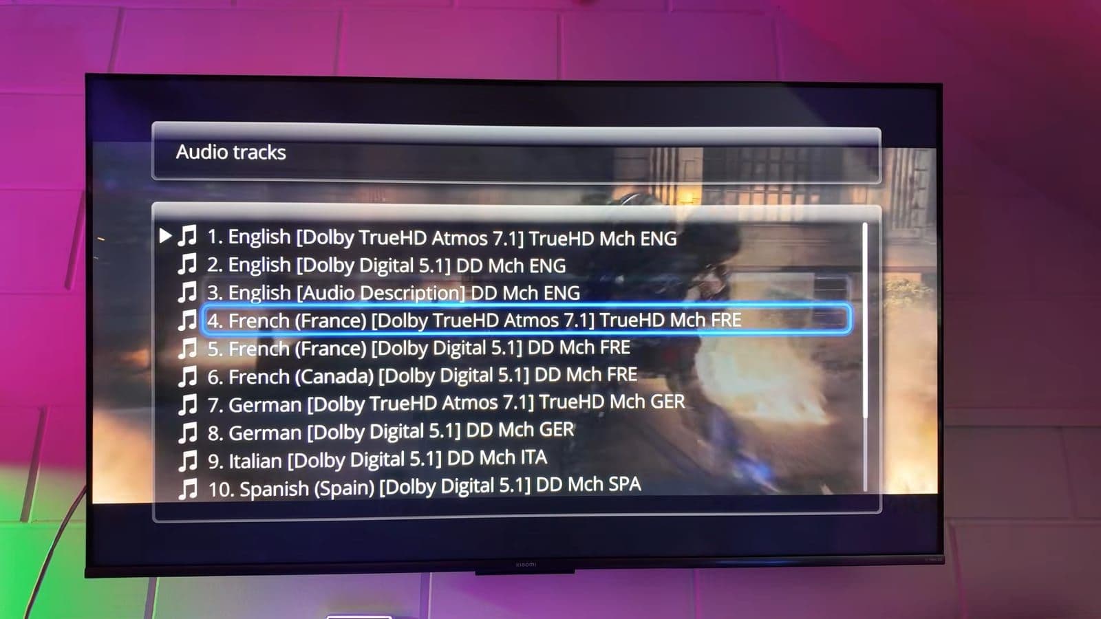 Dune HD audio track menu listing Dolby TrueHD Atmos 7.1 and Dolby Digital 5.1 tracks in English, French, German, Italian and Spanish