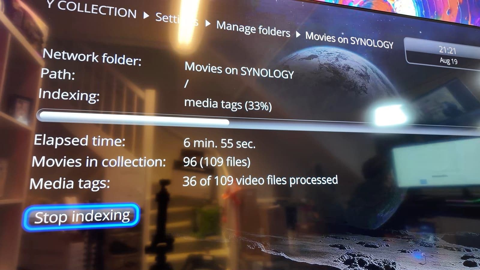 Dune Media Center indexing screen on the TV showing 36 of 109 video files processed after 6 minutes 55 seconds
