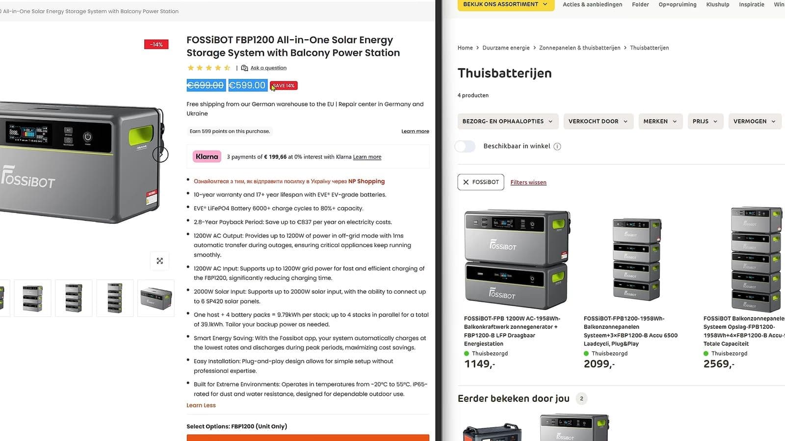 Schermafbeelding van de Fossibot-website naast de Praxis-webshop met Fossibot-thuisbatterijen