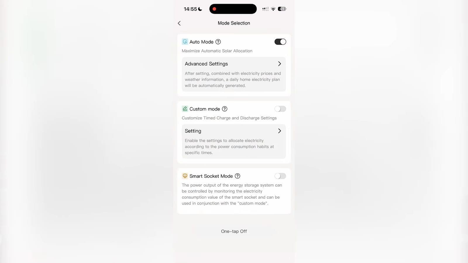 Het keuzemenu in de Lunergy app met Auto Mode, Custom mode en Smart Socket Mode