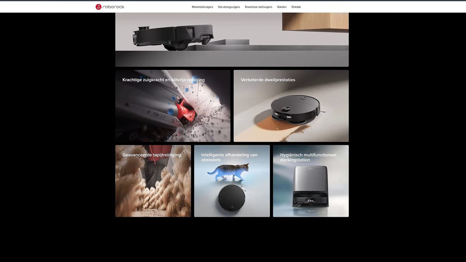 Overzicht van de belangrijkste kenmerken op de website van Roborock
