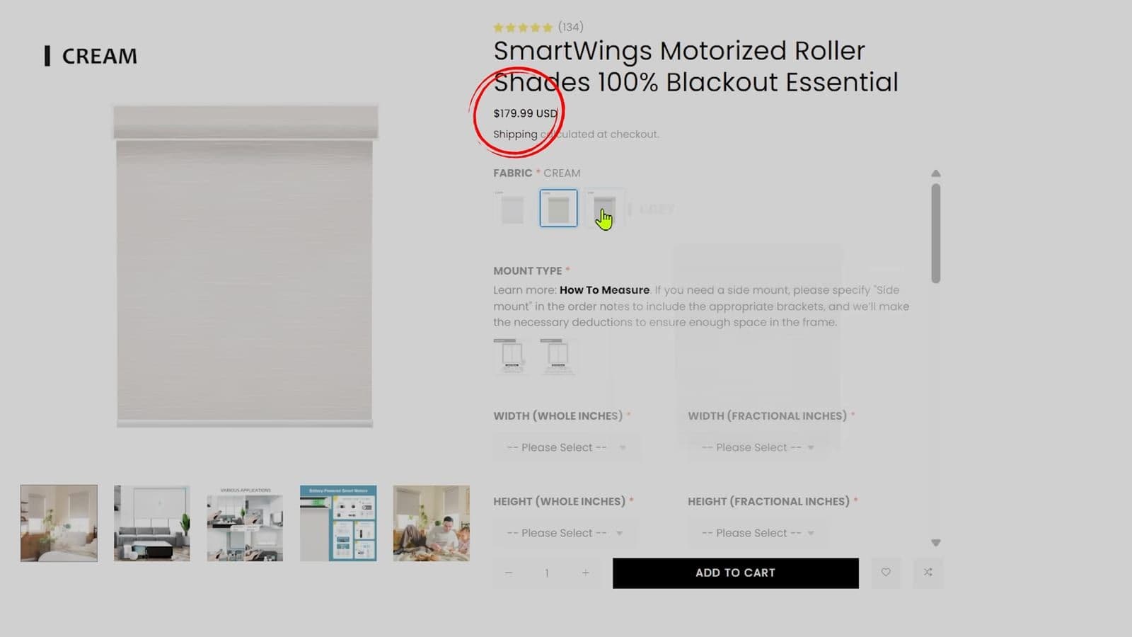 SmartWings website configurator showing custom sizing and fabric selections