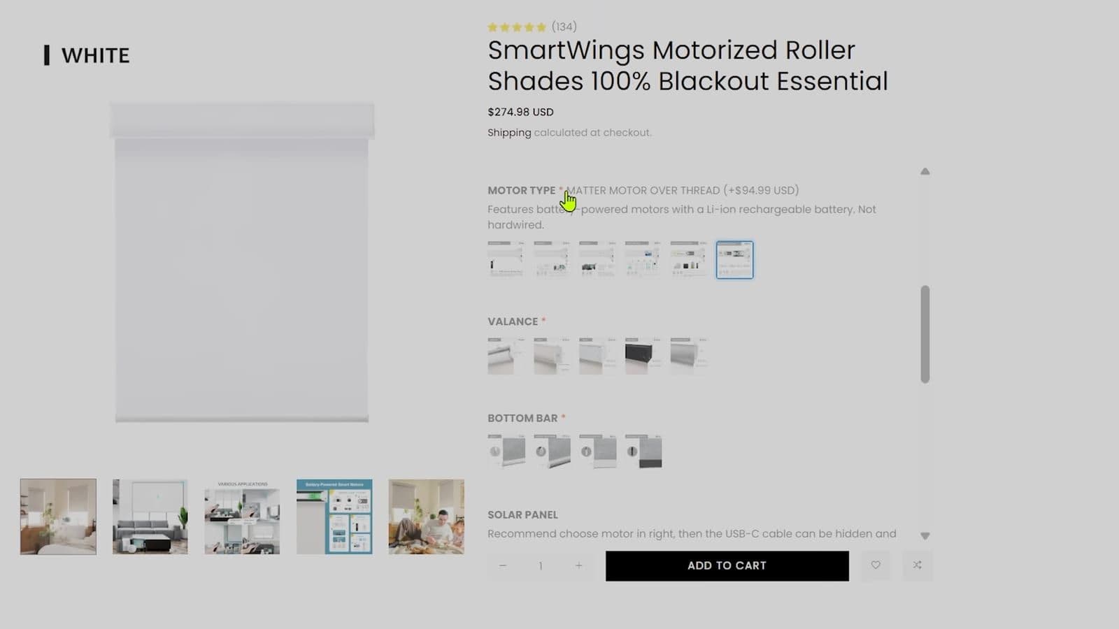 SmartWings motor configuration page highlighting Matter over Thread