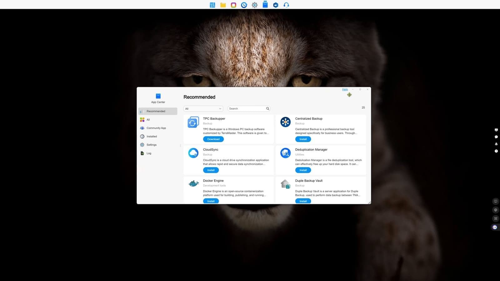 The TOS 6 App Center displaying applications like Docker Engine and CloudSync