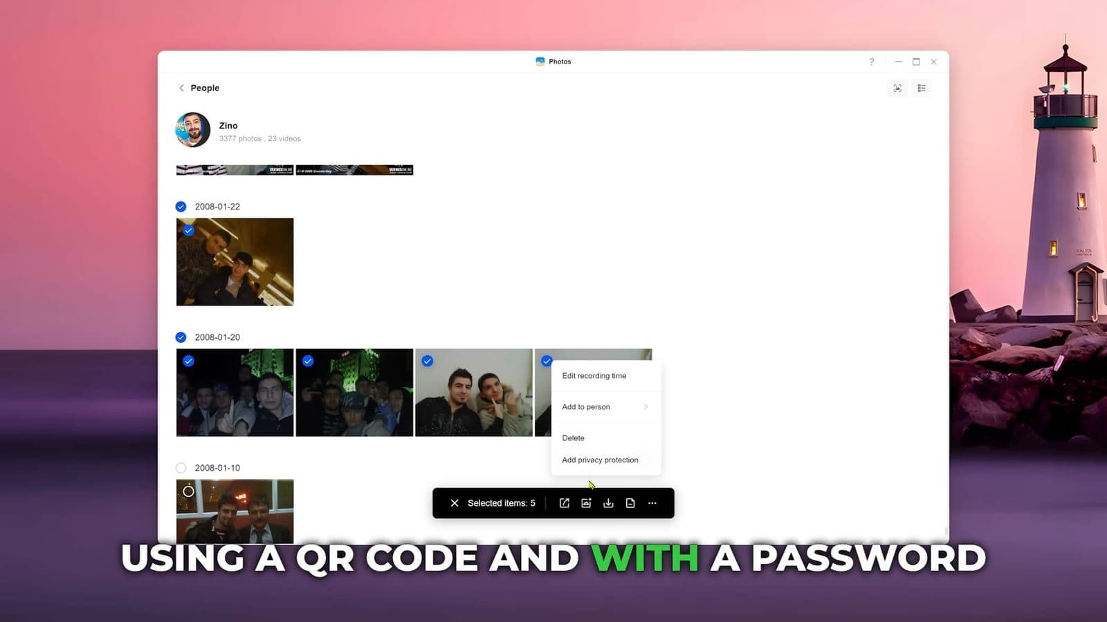 Desktop photo manager showing options to create password protected share links
