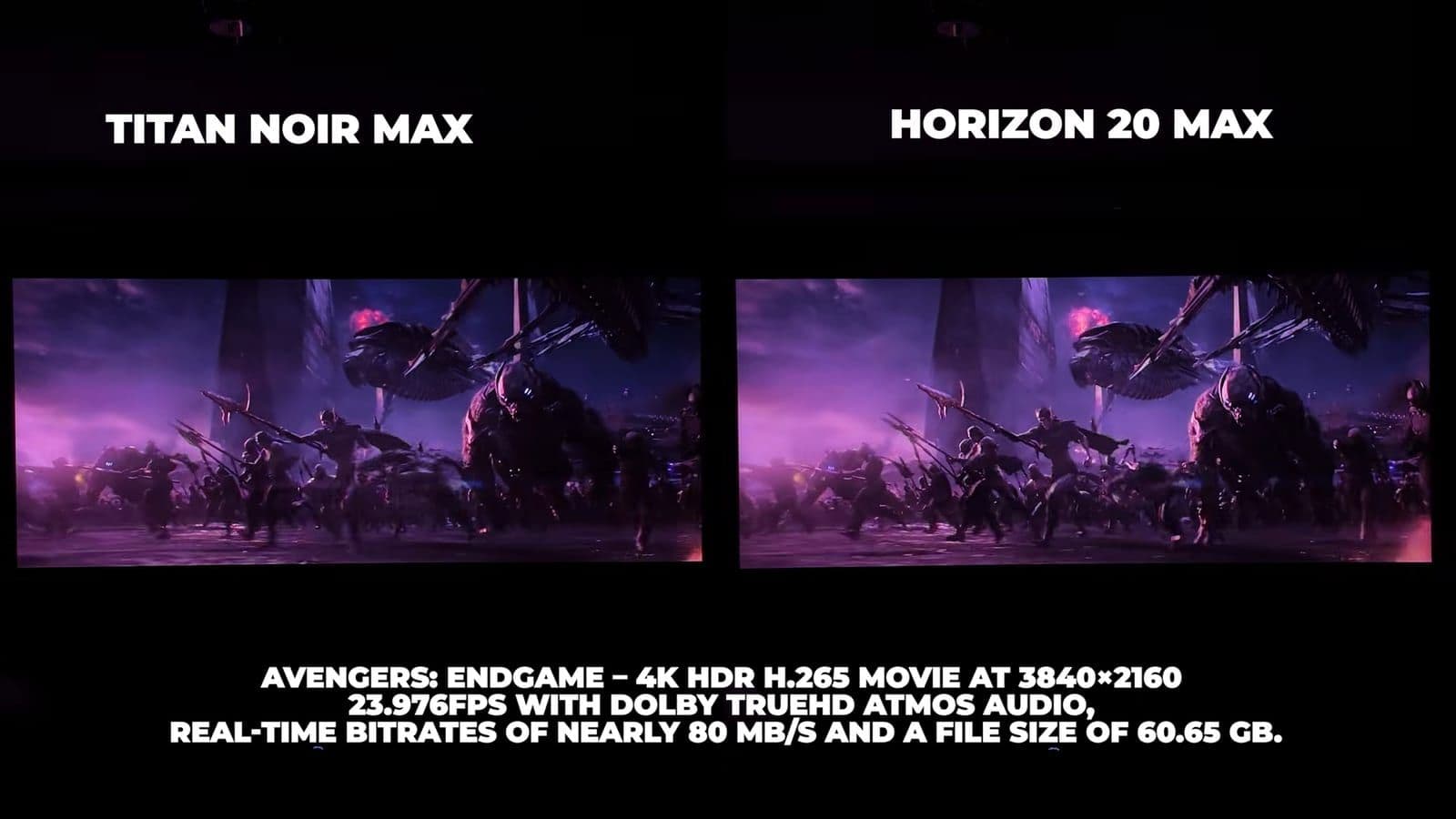Side-by-side comparison during high contrast Avengers battle scene showing Thanos