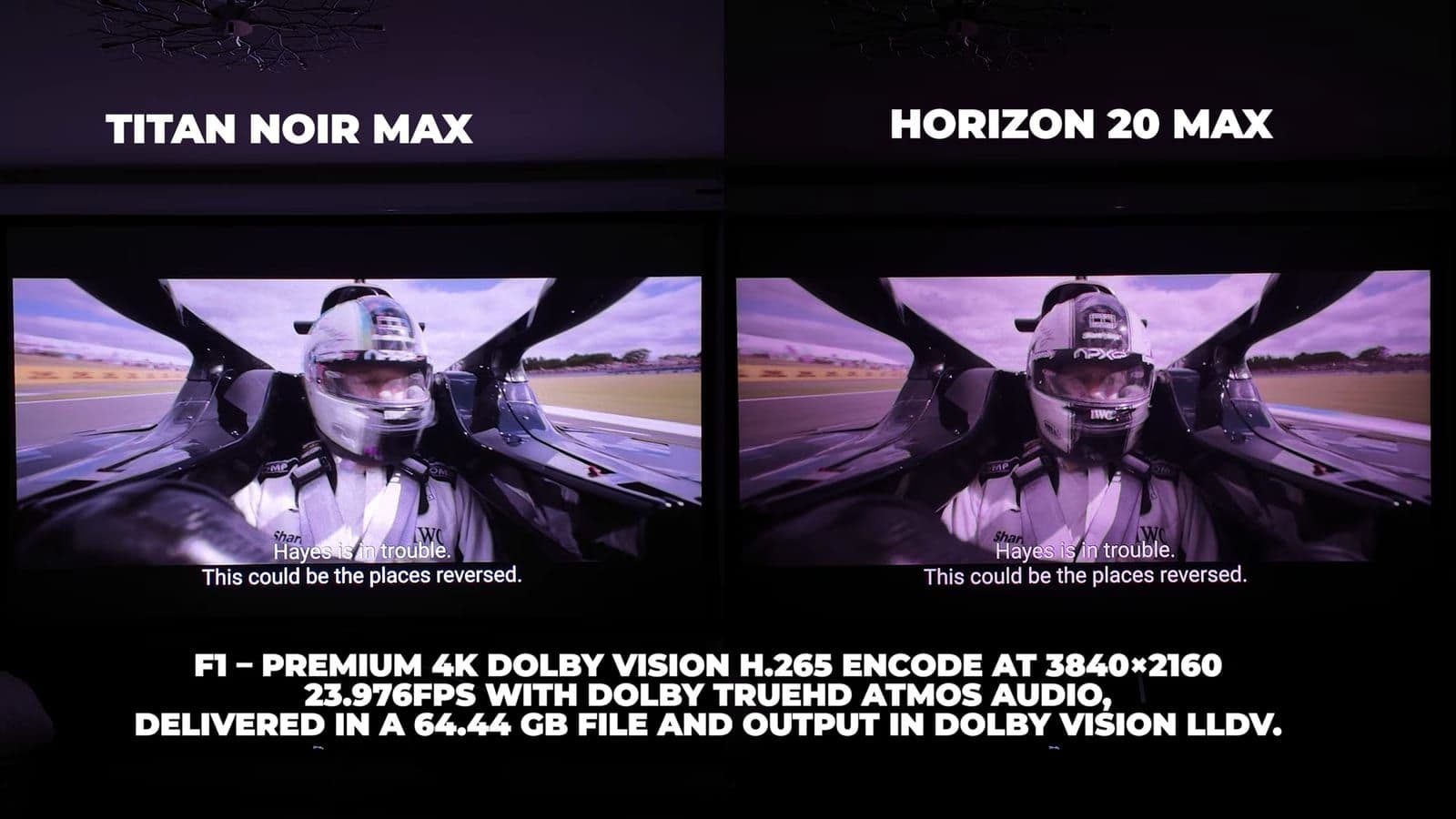 Side-by-side cockpit view from F1 testing Dolby Vision performance